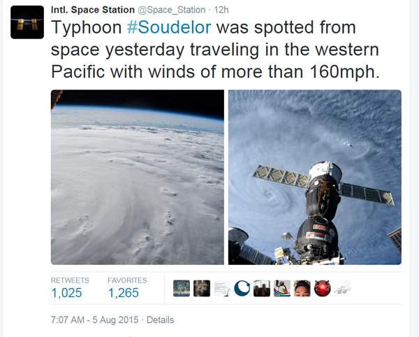 國際太空站拍下的蘇迪勒颱風畫面。(圖片來源/Twitter)