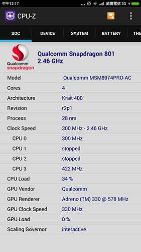 搭載 Qualcomm SnapDragon 801 處理器,是三世代前的平台