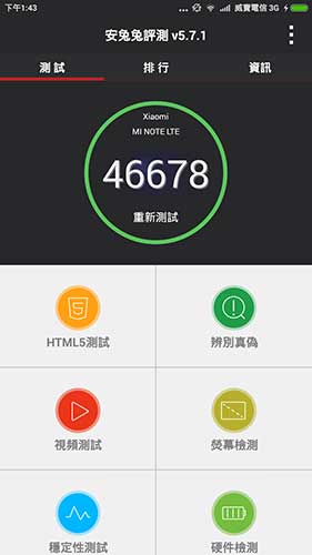 Antutu 的測試成績為 46678,以 S801 處理器機種來說算是不錯的成績