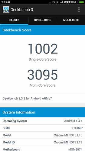 GeekBench 3 的測試成績為單核:1002、多核:3095