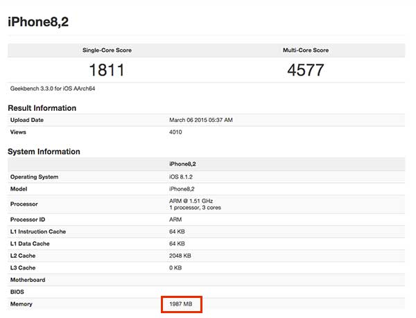 iPhone 6S 在 GeekBench 測試網站上的跑分成績，紅框框部分可看出搭載 2GB 的 RAM（圖片來源／擷取自 GeekBench 網站）