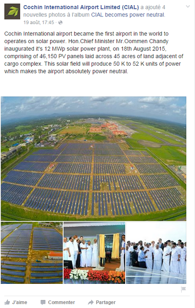 太陽能發電廠正式啟用後的效益將是長遠且巨大的;在未來的 25 年內有望減少 30 萬公噸的碳排放量(圖片來源/Cochin International Airport Facebook)