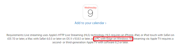Apple 在官網表示,透過 Microsoft Edge 瀏覽器也可以觀看 iPhone 6S 發表會直播(圖片來源/Apple)
