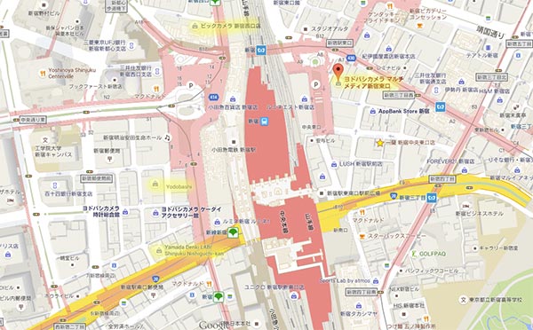 東京新宿車站附近擁有許多連鎖電器賣場分店（黃色部分）是個相當好一次採買齊全的地點