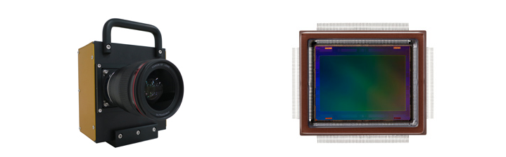 Canon 最新的 2 億 5000 萬畫素 CMOS 感光元件（右）以及搭載 EF 35mm/F1.4 II 鏡頭的試作機（左）