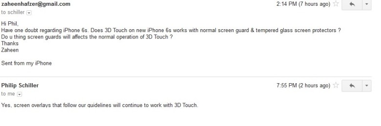 Apple 官方回信確認 iPhone 6s 裝上螢幕保護貼後仍可使用 3D Touch(圖片來源/Cultofmac)