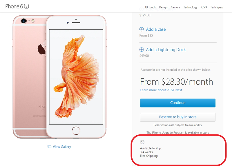 依照蘋果（Apple Inc）官網上的資訊來看，不管是搭配哪一家電信，都還要再等 3 到 4 週才能出貨。（圖片來源／蘋果）