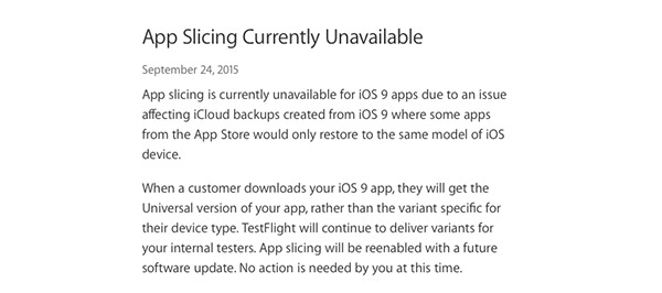 蘋果公司在官方開發者網站表示,App Slicing 的功能正在修正中(圖片來源/擷取自蘋果官網)