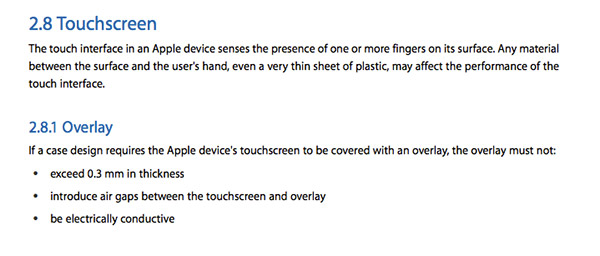 《Case Design Guidelines
for Apple Devices》R10 版本,在 2.8 項觸控螢幕項目下列出了三個要求