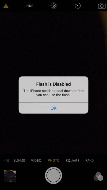 用戶在使用相機補光燈時,會出現 iPhone 6s 過熱無法使用的訊息(圖片來源/BGR)