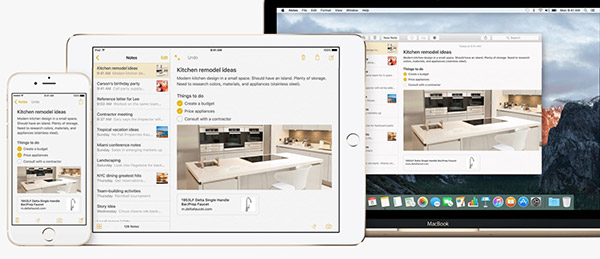 蘋果公司最新版本 OS X El Capitan，提供新版本備忘錄，讓用戶從iPhone、iPad、到Mac電腦，都能有一致的使用介面體驗。（取自蘋果官網） 