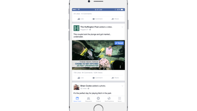 Facebook 影音可使用稍後觀看(圖片來源/techcrunch)