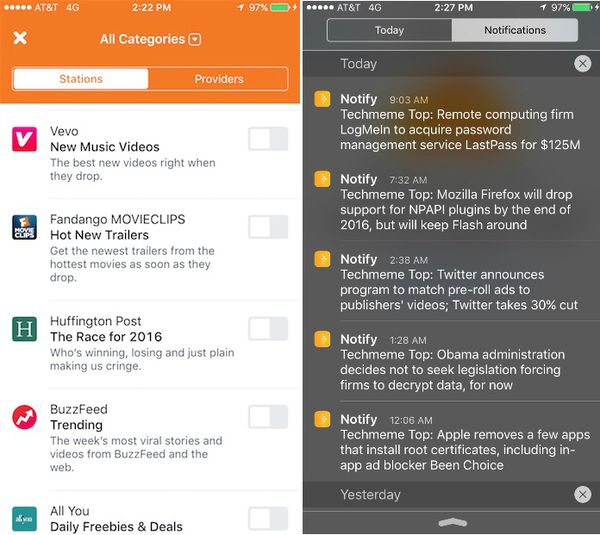 Notify 讓用戶可以選擇訂閱特定媒體,並透過手機推播獲得即時報導(圖片來源/TheVerge)
