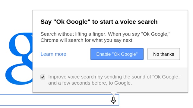 桌面版 Chrome 也可以透過 OK Google 來啟動語音搜尋(圖片來源/macrumors)