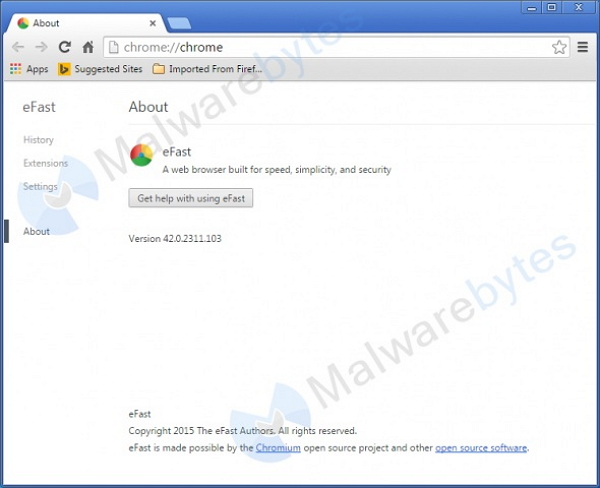 eFastBrowser 瀏覽器圖示、使用介面、功能,與 Chrome 的相似度高達 90%(圖片來源/malwarebytes)