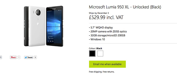 英國的微軟線上商店已經將 Lumia 950/950 XL 的價格下修(圖片來源/擷取自微軟官方網站)