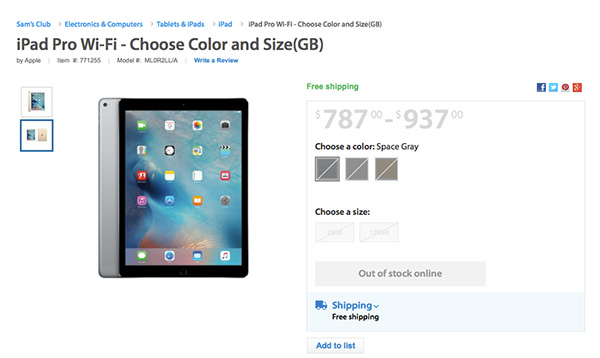 美國線上電子零售商 Sam's Club 稍早曾開始展開 iPad Pro 的預購,但現已下架(圖片來源/擷取自 Sam's Club 網站)