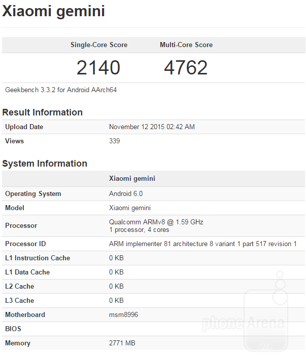 從數據中確認這款手機搭載 Snapdragon 820 處理器(圖片來源/GeekBench
)
