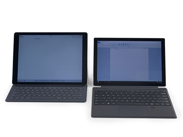 iPad Pro 鍵盤保護蓋(圖左)與 Surface Pro 4 鍵盤保護蓋(圖右)比較(圖片來源/iFixit)