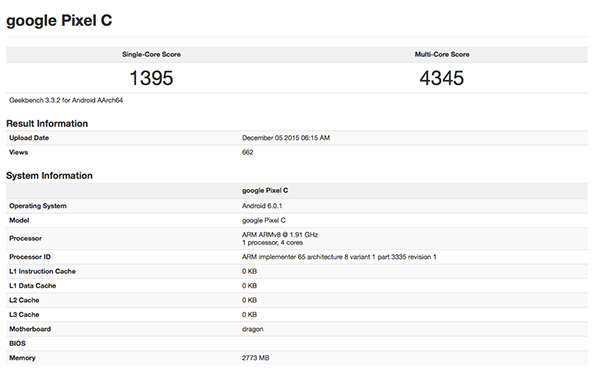 Pixel C 的 GeekBench 3 跑分成績(圖片來源/GeekBench 官方網站)