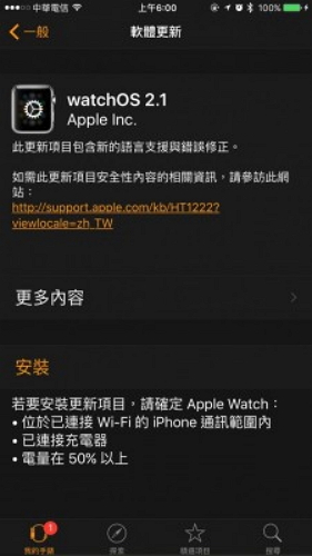 Apple今天釋出Apple Watch最新版作業系統WatchOS 2.1。(記者陳炳宏翻攝)