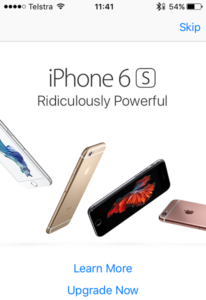 這個全螢幕廣告,可以讓舊款 iPhone 用戶直接連結到 iPhone 6s 購買頁面(圖/PhoneArena)