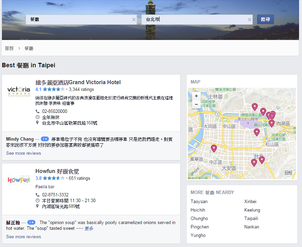 這項功能提供 Facebook 用戶搜尋地區內的各類型商店，並且可查看店家資訊（圖／Facebook）