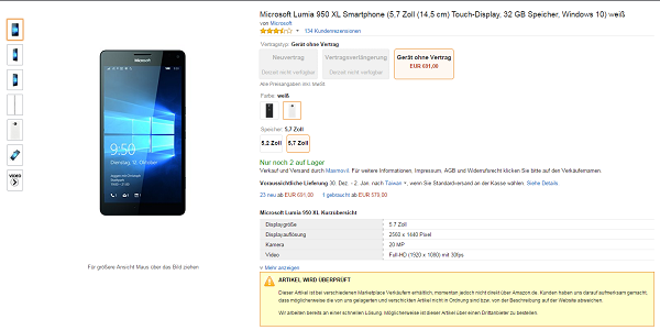 目前德國 Amazon 網站已經關閉 Lunmia 950 和 Lumia 950 XL 的販售(圖/Amazon.de)
