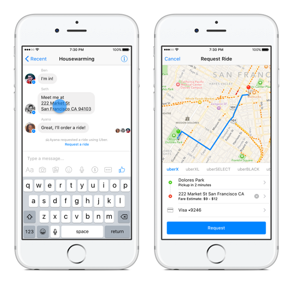 Facebook 先前推出可以透過 Messenger 開啟 Uber 叫車的功能(圖/Facebook)