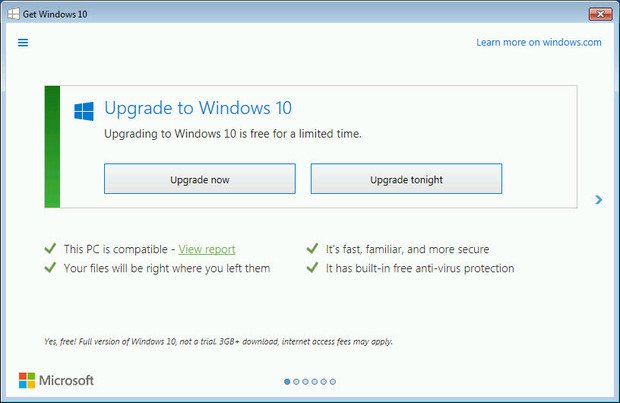 Windows 10 的升級通知，由於介面設計讓用戶感到過度積極，有不少人覺得反感（圖／Windows）