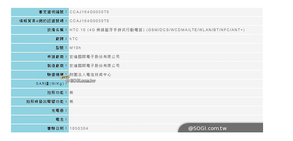 HTC 旗艦新機已用「HTC 10」的型號通過 NCC 認證(圖片來源/擷取自手機王網站)