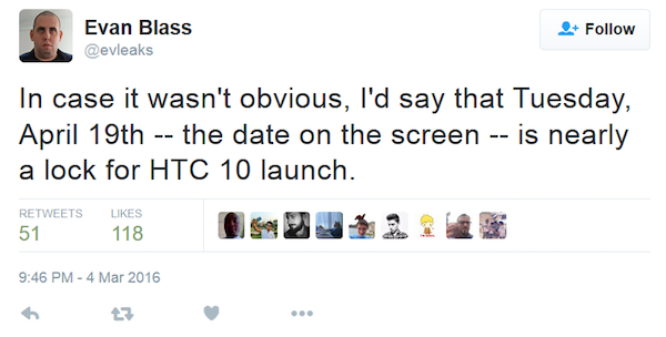 Evan Blass 表示 HTC 10 將在 4 月 19 日開賣(圖片來源/擷取自 EvanBlass 推特頁面)