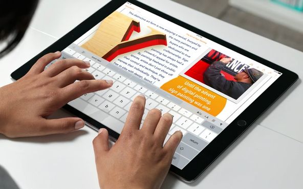 在 9.7 吋螢幕上就無法如大尺寸 iPad Pro 般可在螢幕上打字(圖片來源/擷取自蘋果官網)