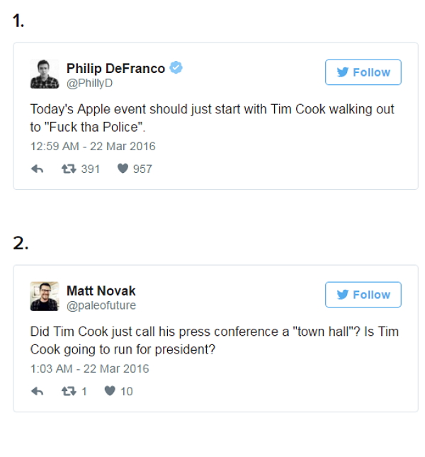 更有人表示,Tim Cook 一開頭就再次強調不會向 FBI 低頭,根本就應該以知名饒舌〈Fuck tha Police〉做為開場白。(Twitter)