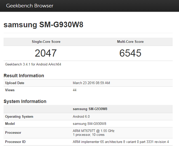 疑似搭載 Helio X25 處理器的 Galaxy S7 機種測試成績(圖/GeekBench)