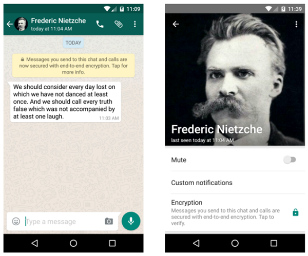 新版的 WhatsApp 會主動提醒目前 E2EE 加密功能已經開啟(圖/Tech Crunch)