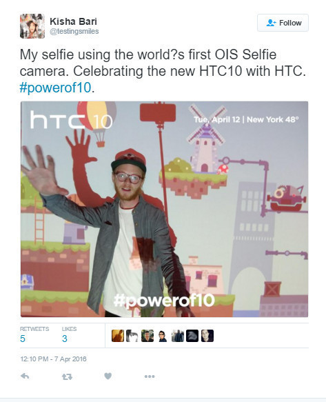 知名攝影師 Kisha Bari 發文表示 hTC 10 的前置相機具有 OIS 規格(圖/Kisha Bari)