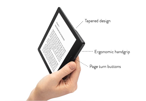 這款閱讀器採用不對稱設計,以便提升持握體驗(圖/Amazon)