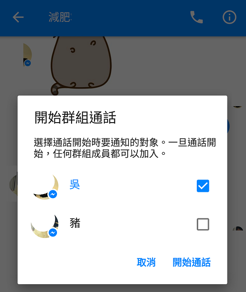 Messenger 的群組通話功能,可以自己選定要通話的群組內對象(圖/記者譚偉晟拍攝)