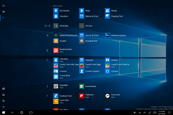 平板模式下的開始功能表,更接近 Windows 8 的設計(圖/Microsoft)