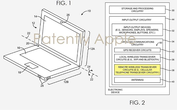 這項專利顯示 Apple 可能會讓 Macbook 支援行動網路(圖/Patently Apple)