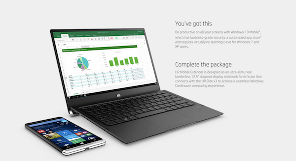 也可以透過無線連接的方式連接 Mobile Extender 筆電基座,讓 Elite X3 變成是一台筆記型電腦。(圖片來源/HP)