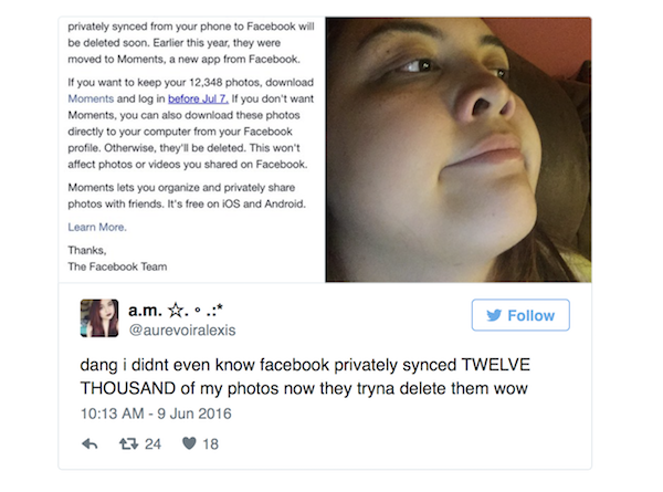 美國有位使用者表示,Facebook 傳訊給她表示,若不轉移到 Moment APP 上,就會把她自動同步到 Facebook 上的 1 萬 2000 多張照片全部刪除(圖片來源/擷取自 The Verge 網站)