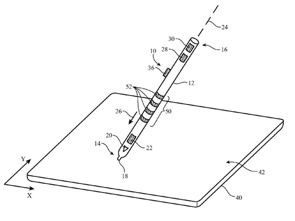 未來的 Apple Pencil 將不再只有筆尖搭載感測器,而是整支筆桿都被感測器包覆(圖/USPTO)