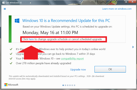 Windows 10 真正的取消升級排程方式,藏在訊息中間(圖/Microsoft)