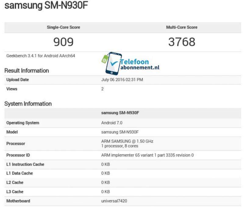 GeekBench 網站上曝光的 Note 7 跑分,數據令人相當質疑(圖片來源/擷取自 SamMobile 網站)