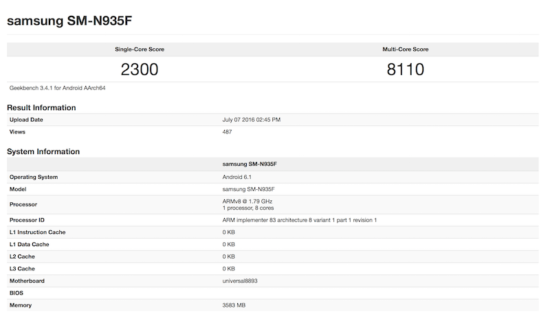 Exynos 8893 處理器版本跑分數據(圖片來源/擷取自 GeekBench 網站)