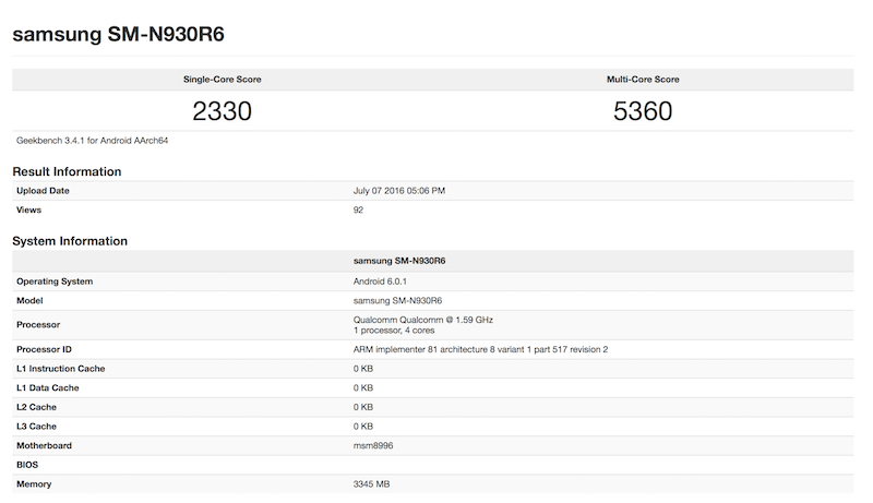 高通 S820 處理器版本跑分數據(圖片來源/擷取自 GeekBench 網站)