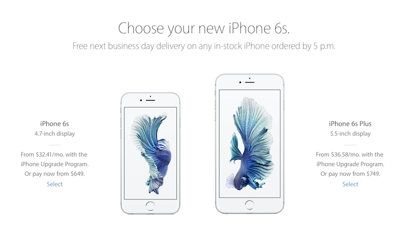 外媒預測新一代 iPhone 售價將會跟現行的 iPhone 6s/iPhone 6s Plus 相同,並且以每一級距 100 美元的等級跳升(圖片來源/擷取自蘋果官網)