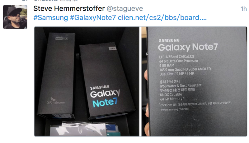 網友 Steve Hemmerstoffer 今天下午在 Twitter 上秀出 Note 7 的實機外盒以及規格(圖片來源/擷取自Steve Hemmerstoffer  Twitter)